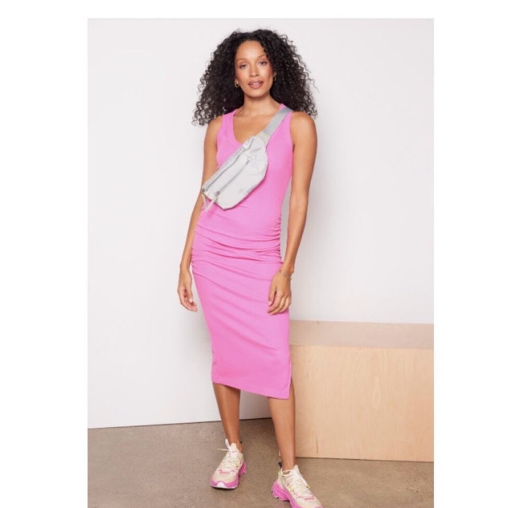 MICHAEL STARS Ultra Rib Scoop Neck Dress in Barbie Pink. Very stretchy